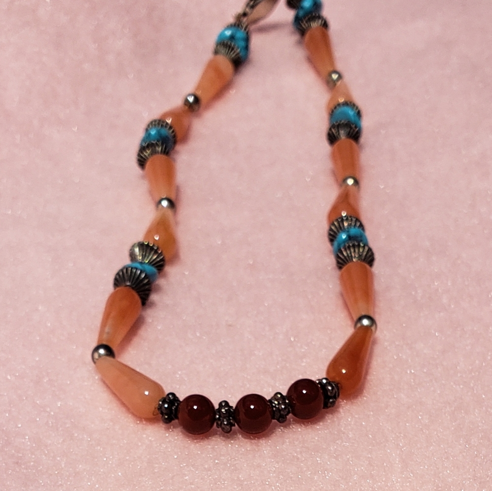 Turquoise, Sterling Silver, Carnilian & Aventurine Gemstone Necklace